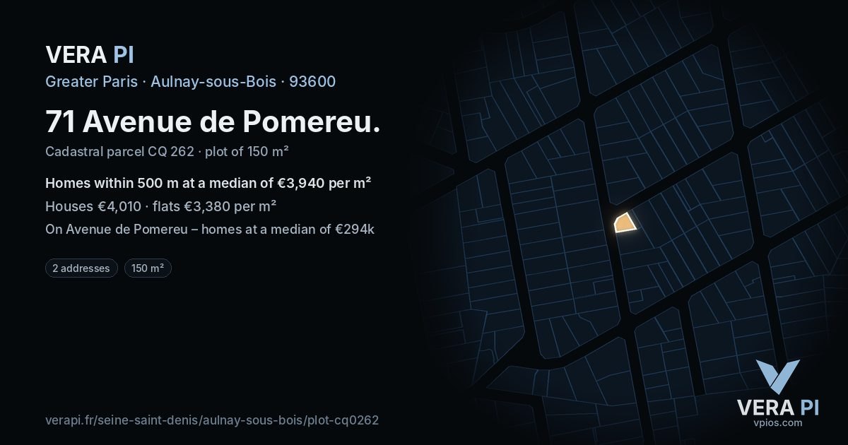 71 Avenue de Pomereu, Aulnay-sous-Bois at night – the plot lit, the parcels around coloured by the prices near them