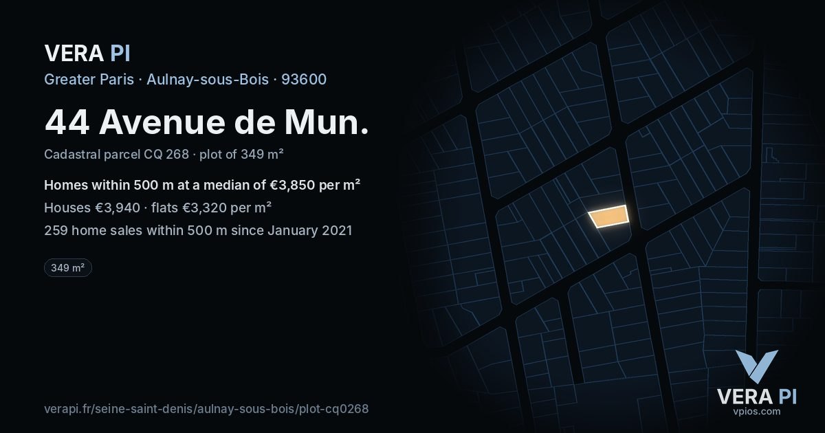 44 Avenue de Mun, Aulnay-sous-Bois at night – the plot lit, the parcels around coloured by the prices near them