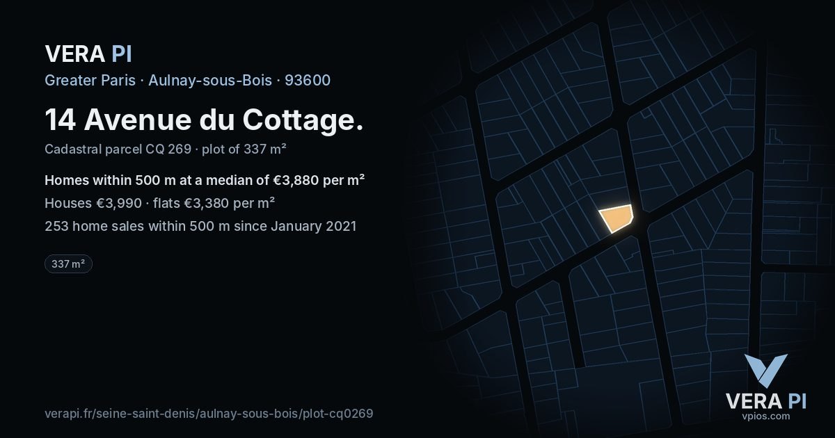 14 Avenue du Cottage, Aulnay-sous-Bois at night – the plot lit, the parcels around coloured by the prices near them