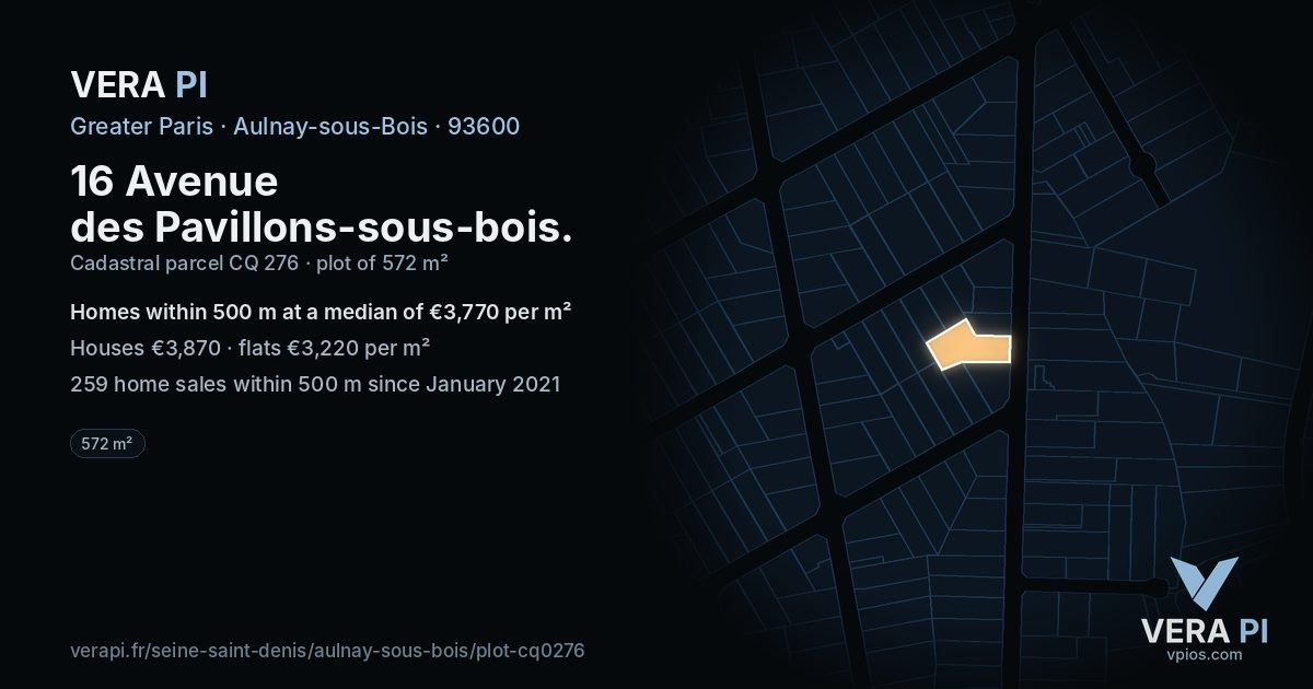 16 Avenue des Pavillons-sous-bois, Aulnay-sous-Bois at night – the plot lit, the parcels around coloured by the prices near them