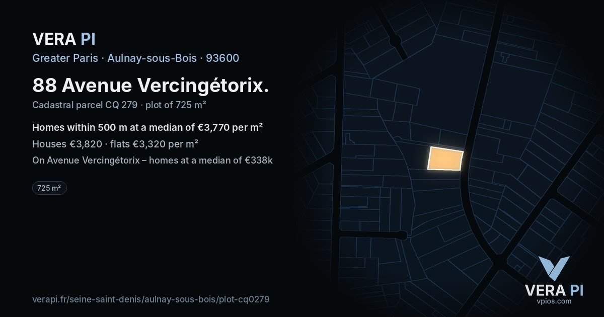 88 Avenue Vercingétorix, Aulnay-sous-Bois at night – the plot lit, the parcels around coloured by the prices near them