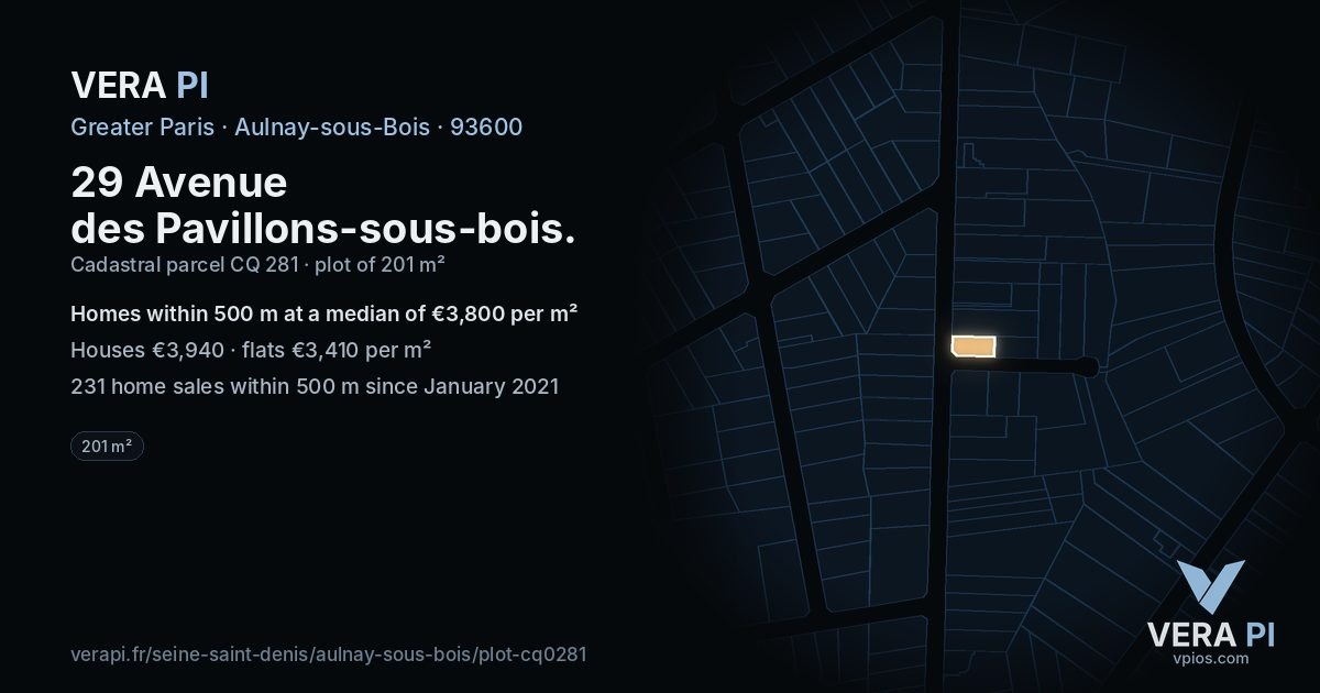 29 Avenue des Pavillons-sous-bois, Aulnay-sous-Bois at night – the plot lit, the parcels around coloured by the prices near them