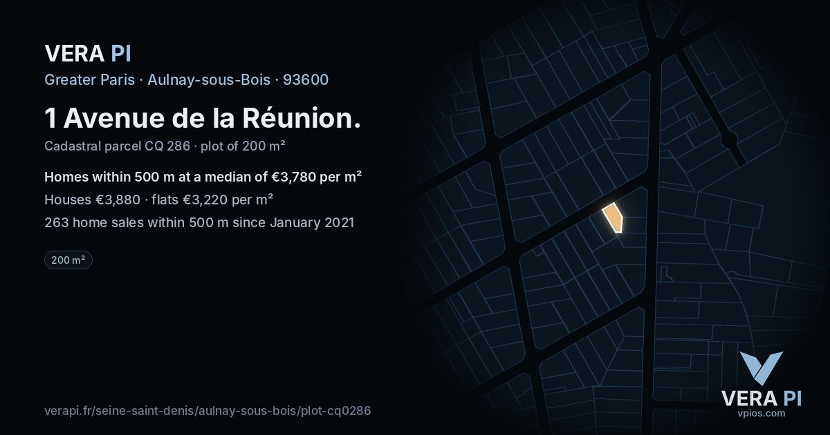 1 Avenue de la Réunion, Aulnay-sous-Bois at night – the plot lit, the parcels around coloured by the prices near them