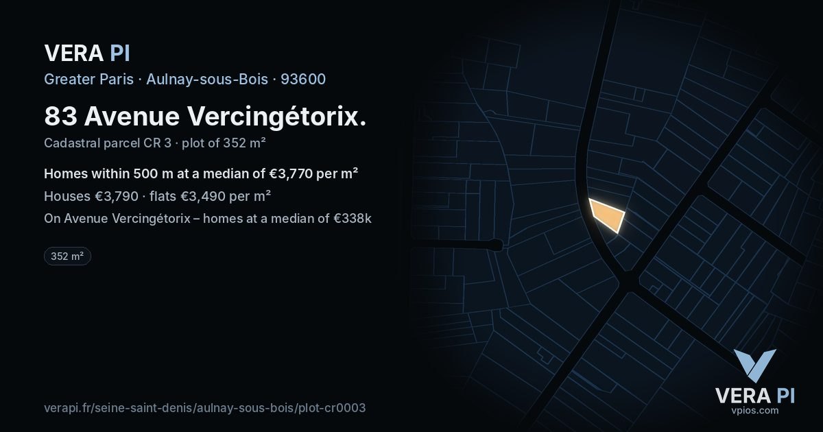 83 Avenue Vercingétorix, Aulnay-sous-Bois at night – the plot lit, the parcels around coloured by the prices near them