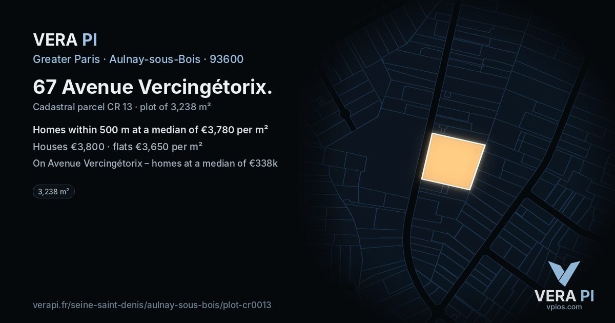 67 Avenue Vercingétorix, Aulnay-sous-Bois at night – the plot lit, the parcels around coloured by the prices near them