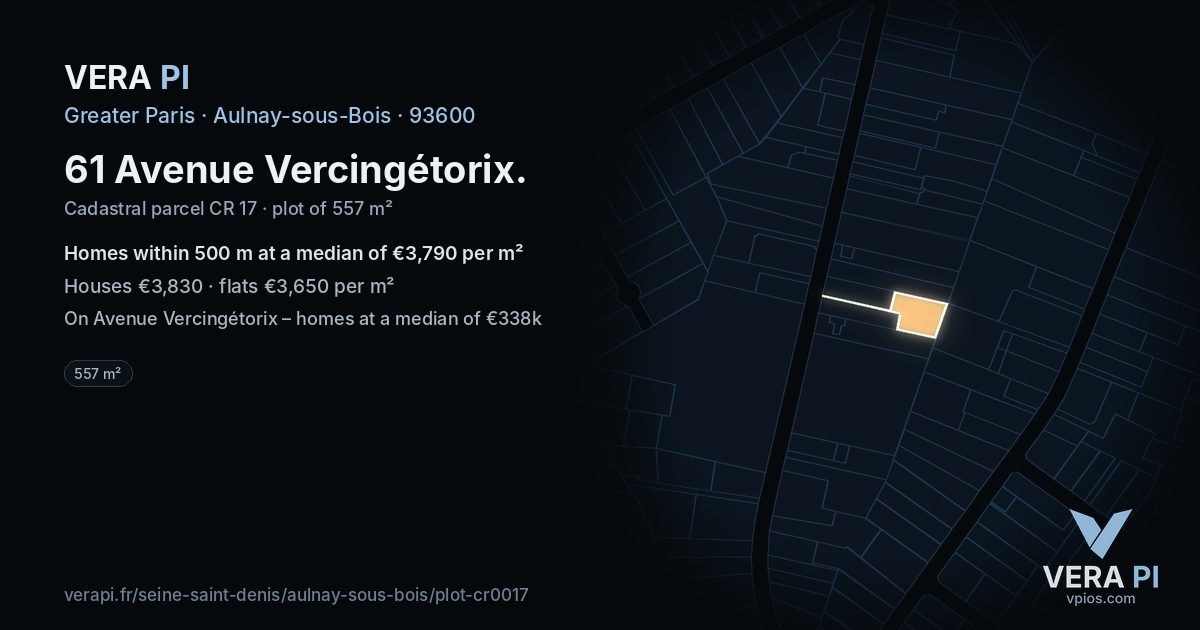 61 Avenue Vercingétorix, Aulnay-sous-Bois at night – the plot lit, the parcels around coloured by the prices near them