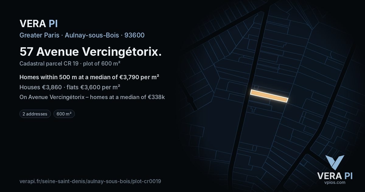 57 Avenue Vercingétorix, Aulnay-sous-Bois at night – the plot lit, the parcels around coloured by the prices near them