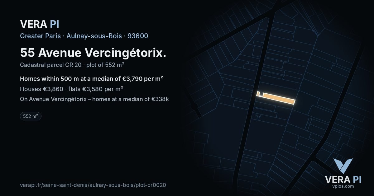 55 Avenue Vercingétorix, Aulnay-sous-Bois at night – the plot lit, the parcels around coloured by the prices near them