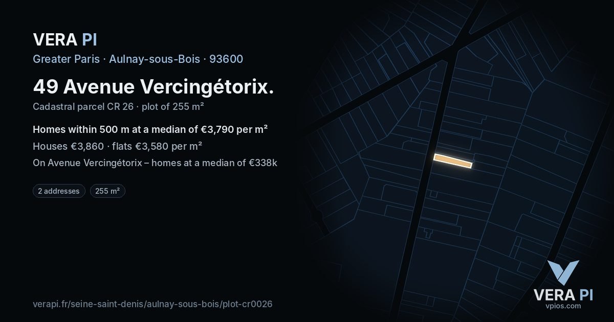 49 Avenue Vercingétorix, Aulnay-sous-Bois at night – the plot lit, the parcels around coloured by the prices near them
