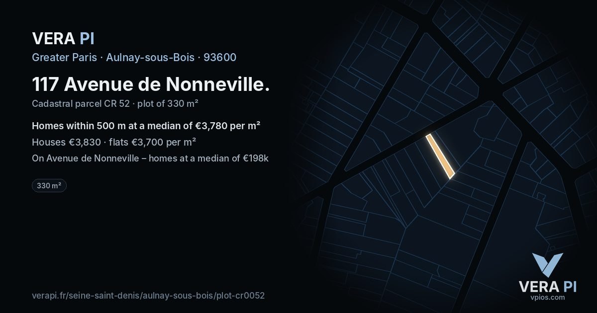 117 Avenue de Nonneville, Aulnay-sous-Bois at night – the plot lit, the parcels around coloured by the prices near them
