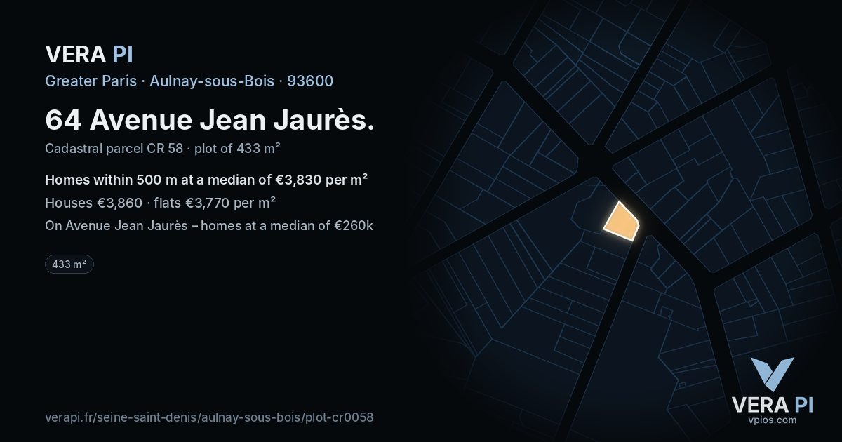 64 Avenue Jean Jaurès, Aulnay-sous-Bois at night – the plot lit, the parcels around coloured by the prices near them