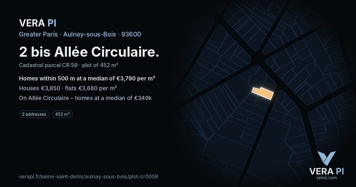 2 bis Allée Circulaire, Aulnay-sous-Bois at night – the plot lit, the parcels around coloured by the prices near them
