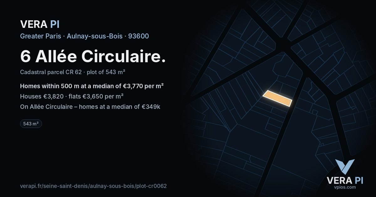 6 Allée Circulaire, Aulnay-sous-Bois at night – the plot lit, the parcels around coloured by the prices near them