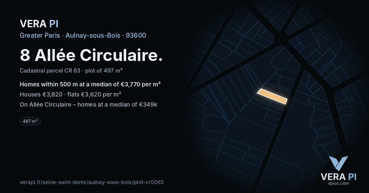 8 Allée Circulaire, Aulnay-sous-Bois at night – the plot lit, the parcels around coloured by the prices near them