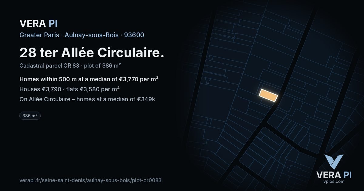 28 ter Allée Circulaire, Aulnay-sous-Bois at night – the plot lit, the parcels around coloured by the prices near them