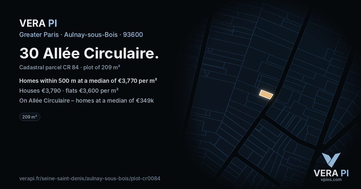 30 Allée Circulaire, Aulnay-sous-Bois at night – the plot lit, the parcels around coloured by the prices near them