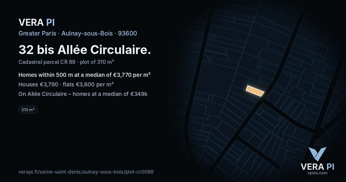 32 bis Allée Circulaire, Aulnay-sous-Bois at night – the plot lit, the parcels around coloured by the prices near them