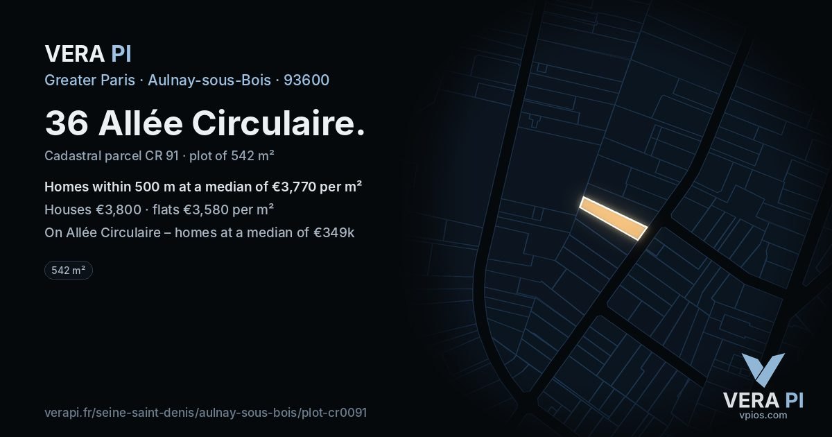 36 Allée Circulaire, Aulnay-sous-Bois at night – the plot lit, the parcels around coloured by the prices near them