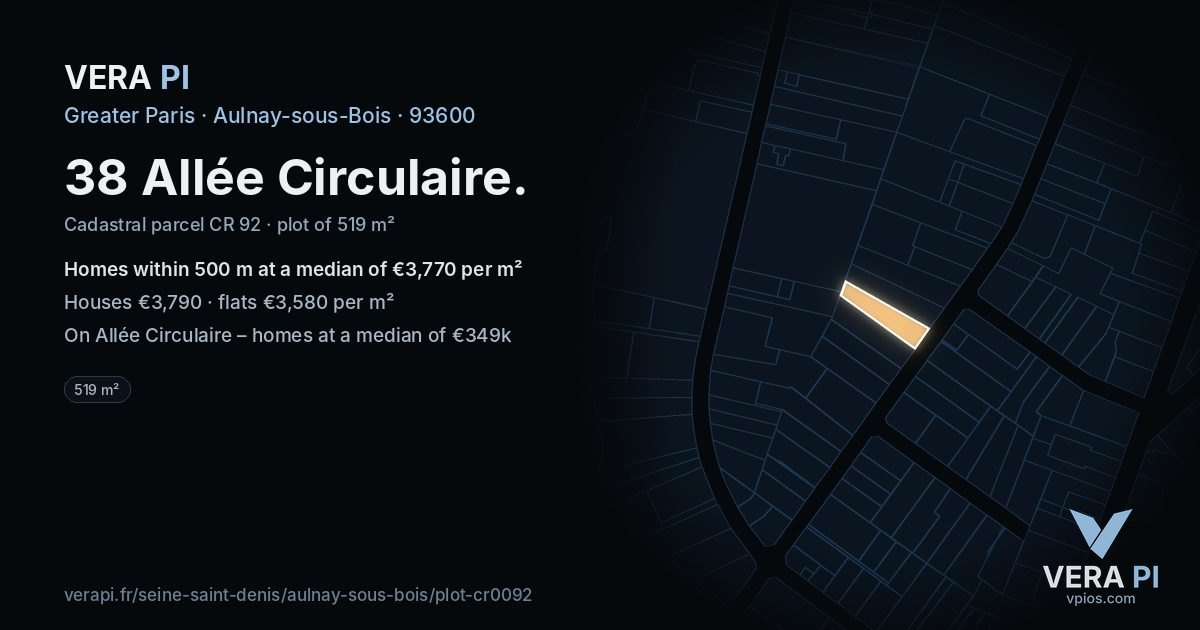 38 Allée Circulaire, Aulnay-sous-Bois at night – the plot lit, the parcels around coloured by the prices near them