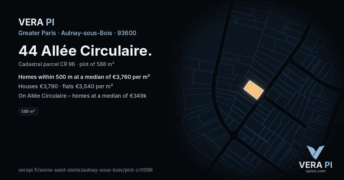 44 Allée Circulaire, Aulnay-sous-Bois at night – the plot lit, the parcels around coloured by the prices near them
