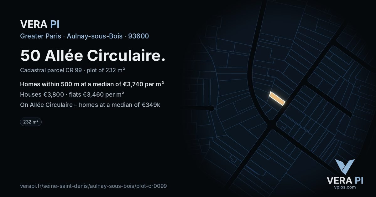 50 Allée Circulaire, Aulnay-sous-Bois at night – the plot lit, the parcels around coloured by the prices near them