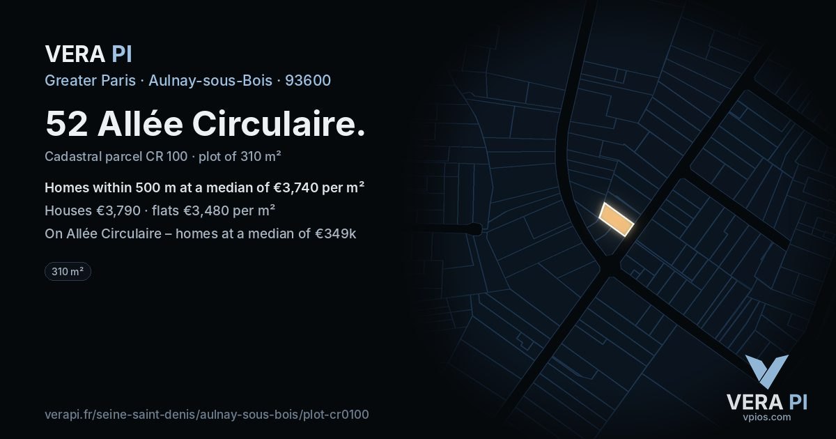 52 Allée Circulaire, Aulnay-sous-Bois at night – the plot lit, the parcels around coloured by the prices near them