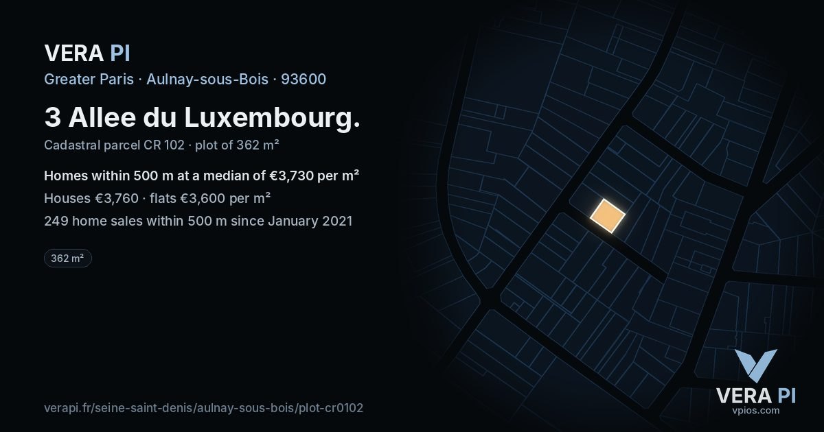 3 Allee du Luxembourg, Aulnay-sous-Bois at night – the plot lit, the parcels around coloured by the prices near them