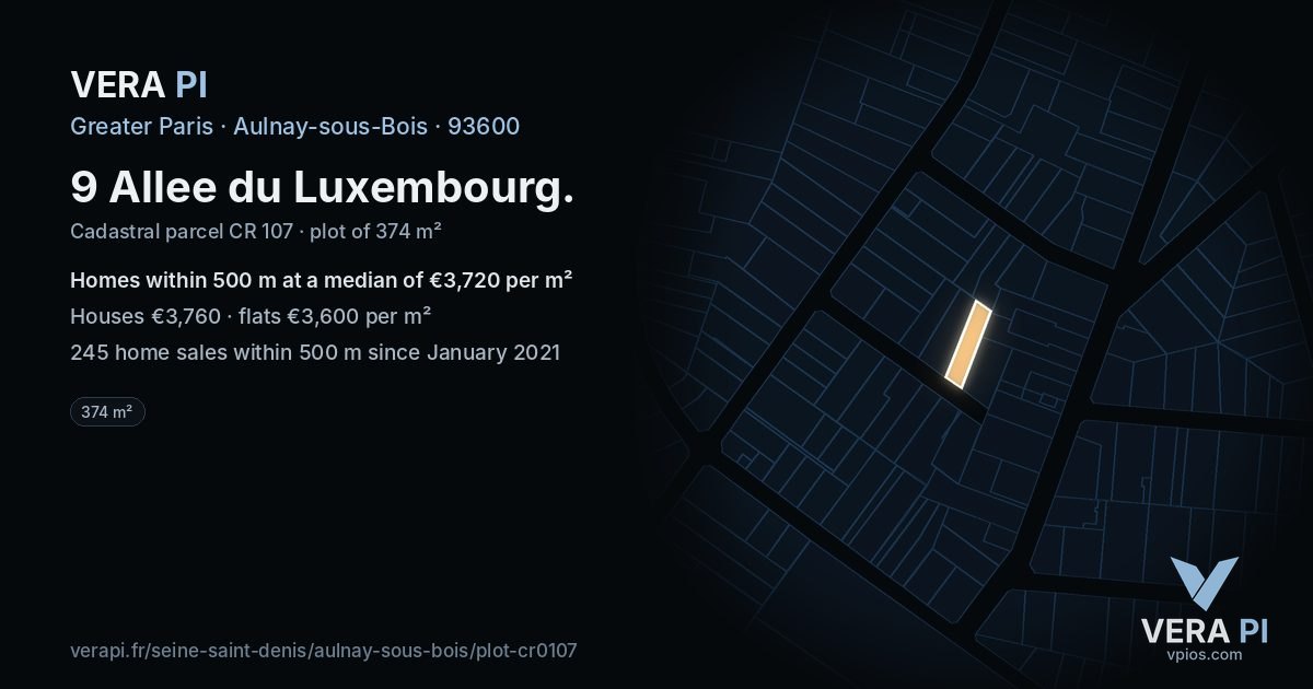 9 Allee du Luxembourg, Aulnay-sous-Bois at night – the plot lit, the parcels around coloured by the prices near them