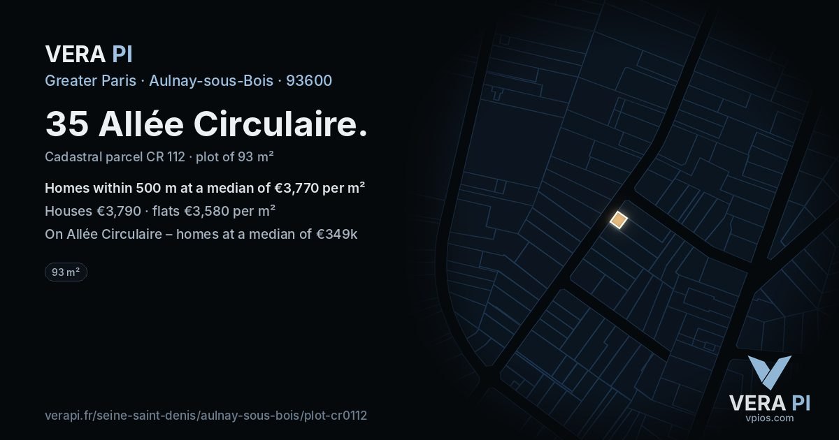 35 Allée Circulaire, Aulnay-sous-Bois at night – the plot lit, the parcels around coloured by the prices near them