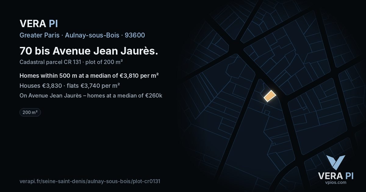 70 bis Avenue Jean Jaurès, Aulnay-sous-Bois at night – the plot lit, the parcels around coloured by the prices near them