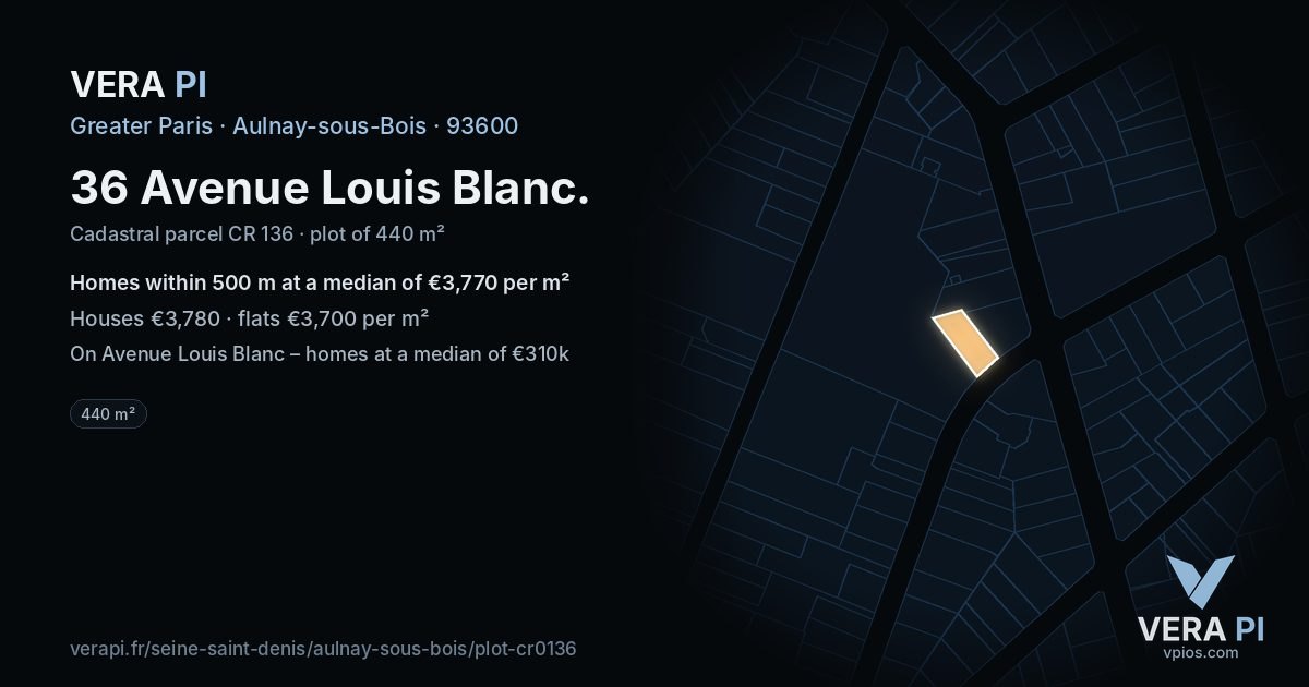 36 Avenue Louis Blanc, Aulnay-sous-Bois at night – the plot lit, the parcels around coloured by the prices near them