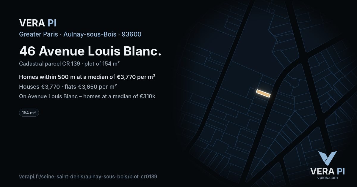 46 Avenue Louis Blanc, Aulnay-sous-Bois at night – the plot lit, the parcels around coloured by the prices near them