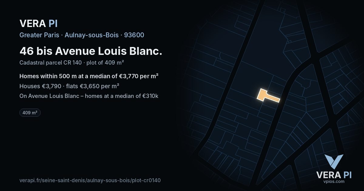 46 bis Avenue Louis Blanc, Aulnay-sous-Bois at night – the plot lit, the parcels around coloured by the prices near them
