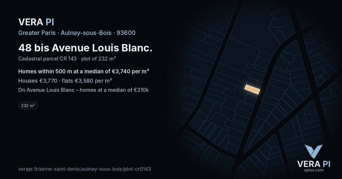 48 bis Avenue Louis Blanc, Aulnay-sous-Bois at night – the plot lit, the parcels around coloured by the prices near them