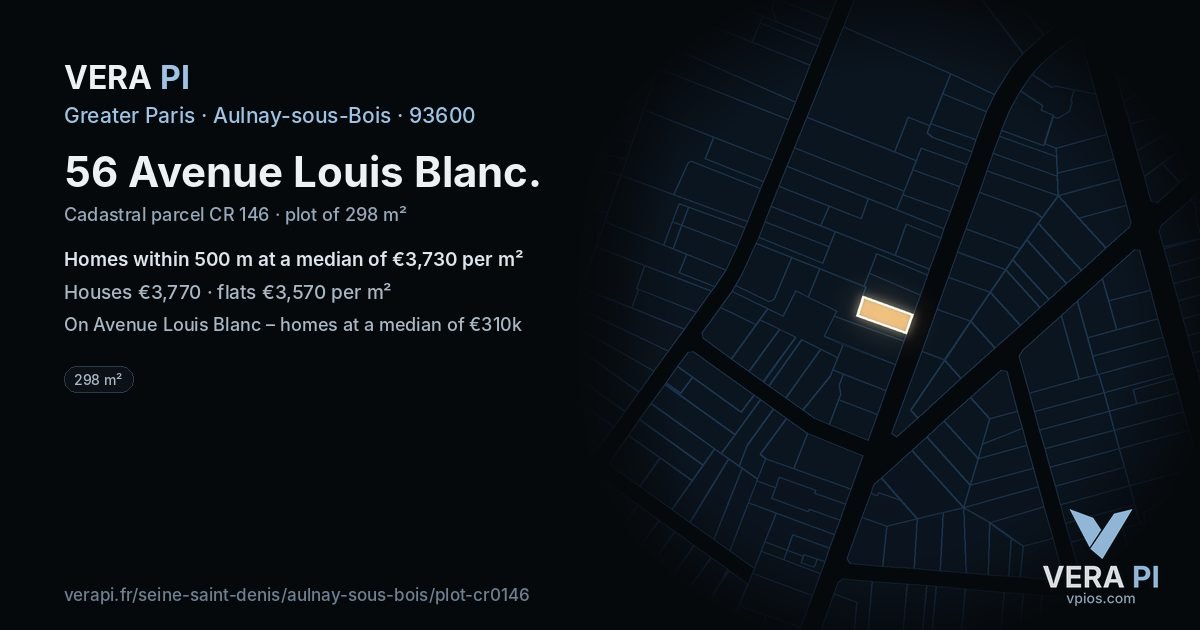 56 Avenue Louis Blanc, Aulnay-sous-Bois at night – the plot lit, the parcels around coloured by the prices near them
