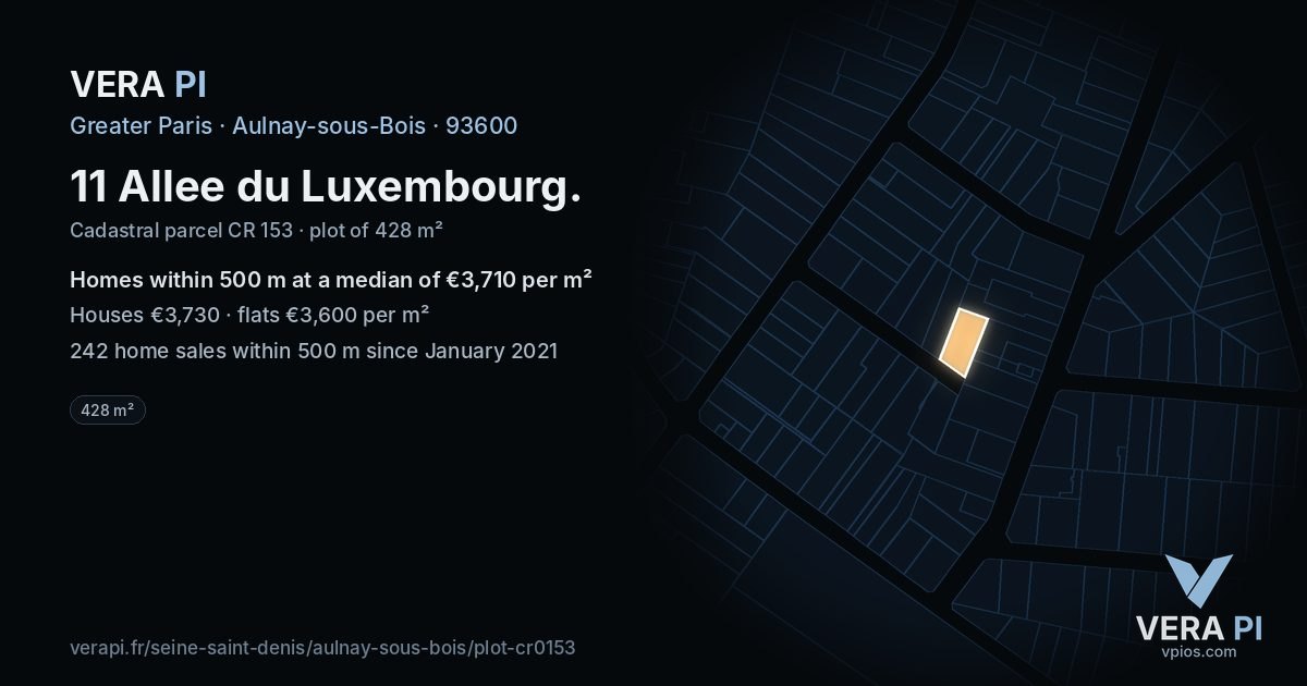 11 Allee du Luxembourg, Aulnay-sous-Bois at night – the plot lit, the parcels around coloured by the prices near them