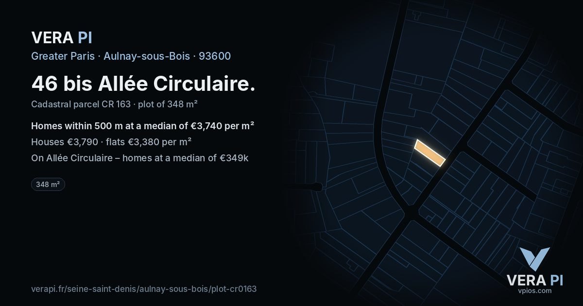 46 bis Allée Circulaire, Aulnay-sous-Bois at night – the plot lit, the parcels around coloured by the prices near them