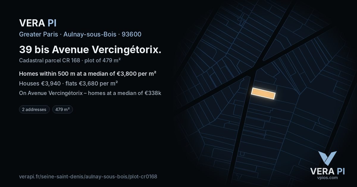 39 bis Avenue Vercingétorix, Aulnay-sous-Bois at night – the plot lit, the parcels around coloured by the prices near them