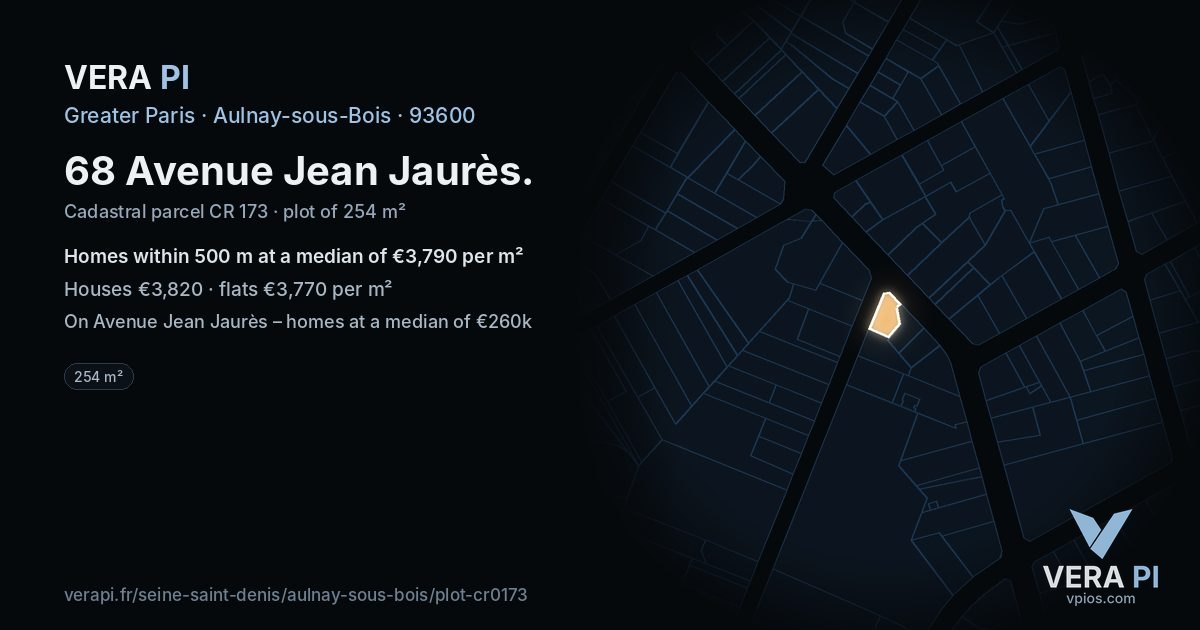 68 Avenue Jean Jaurès, Aulnay-sous-Bois at night – the plot lit, the parcels around coloured by the prices near them
