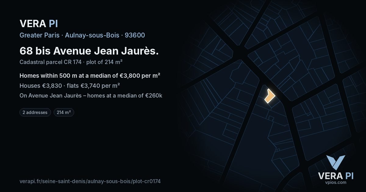 68 bis Avenue Jean Jaurès, Aulnay-sous-Bois at night – the plot lit, the parcels around coloured by the prices near them
