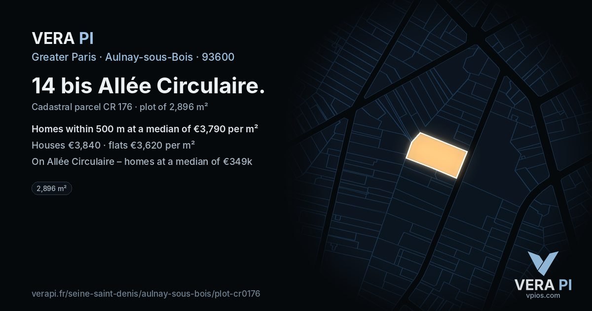 14 bis Allée Circulaire, Aulnay-sous-Bois at night – the plot lit, the parcels around coloured by the prices near them