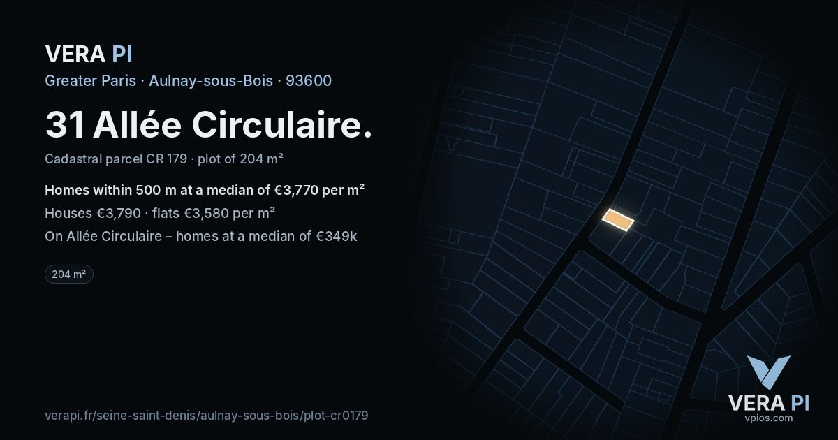31 Allée Circulaire, Aulnay-sous-Bois at night – the plot lit, the parcels around coloured by the prices near them