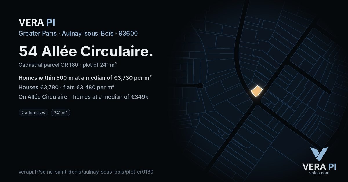 54 Allée Circulaire, Aulnay-sous-Bois at night – the plot lit, the parcels around coloured by the prices near them