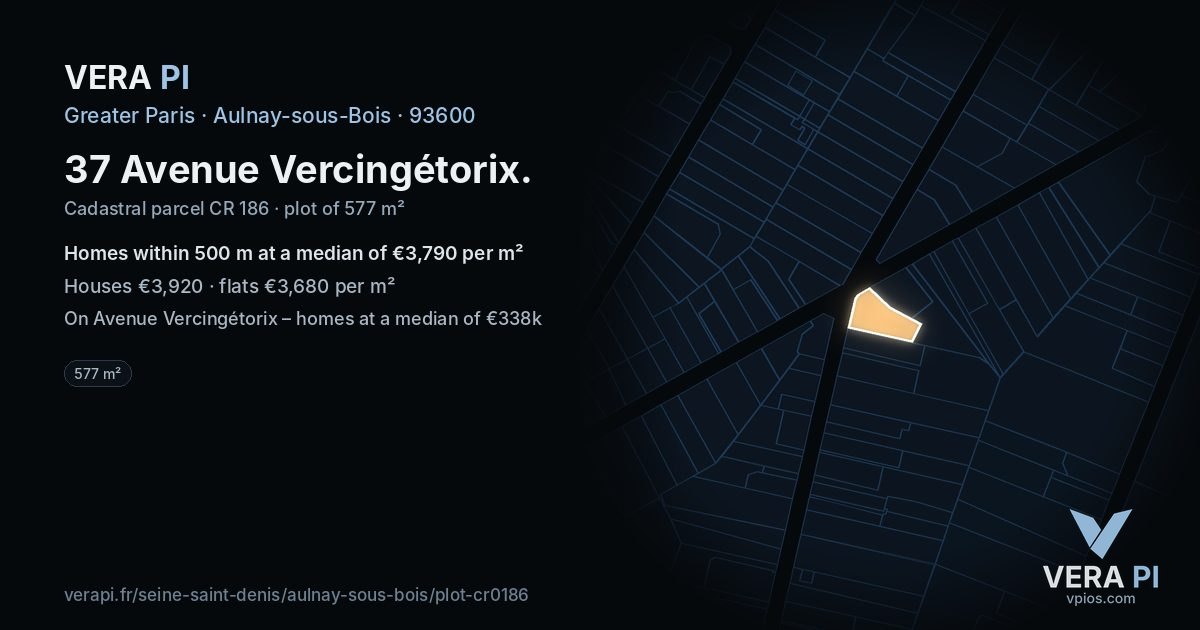 37 Avenue Vercingétorix, Aulnay-sous-Bois at night – the plot lit, the parcels around coloured by the prices near them