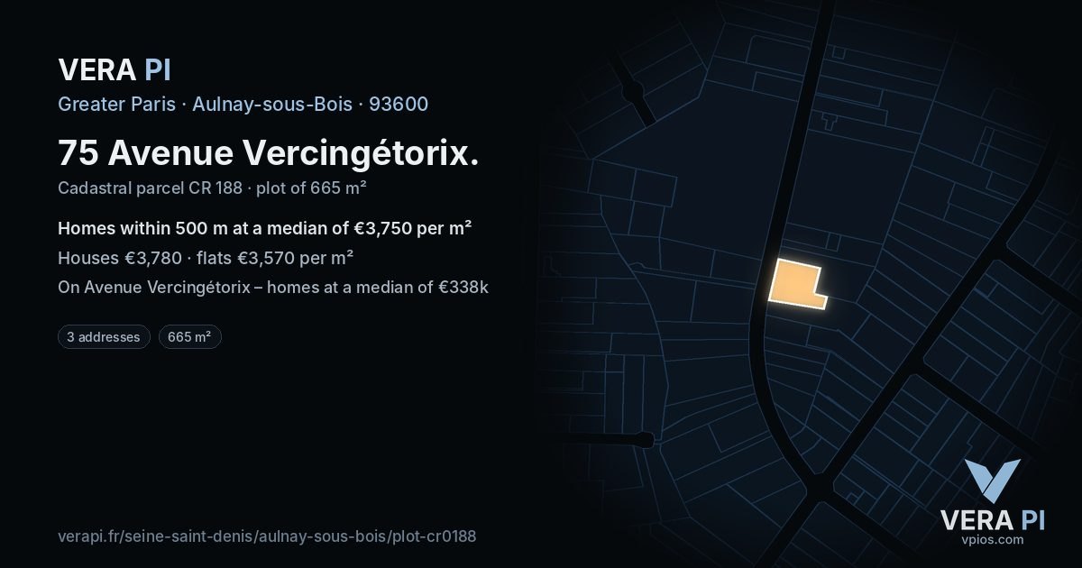 75 Avenue Vercingétorix, Aulnay-sous-Bois at night – the plot lit, the parcels around coloured by the prices near them