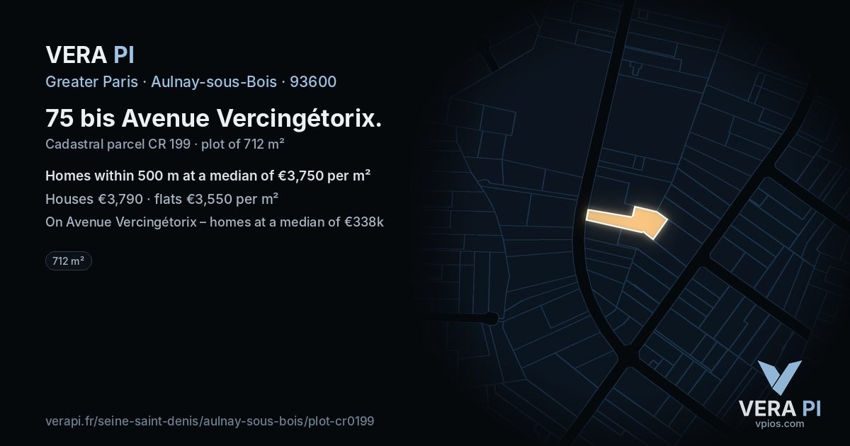 75 bis Avenue Vercingétorix, Aulnay-sous-Bois at night – the plot lit, the parcels around coloured by the prices near them