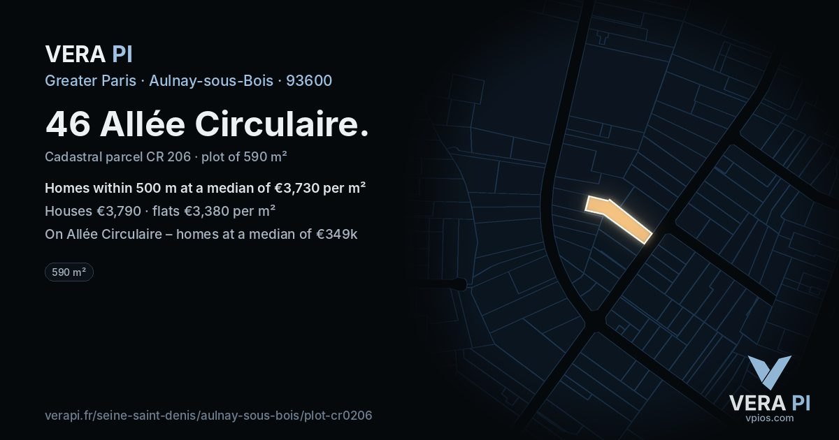46 Allée Circulaire, Aulnay-sous-Bois at night – the plot lit, the parcels around coloured by the prices near them