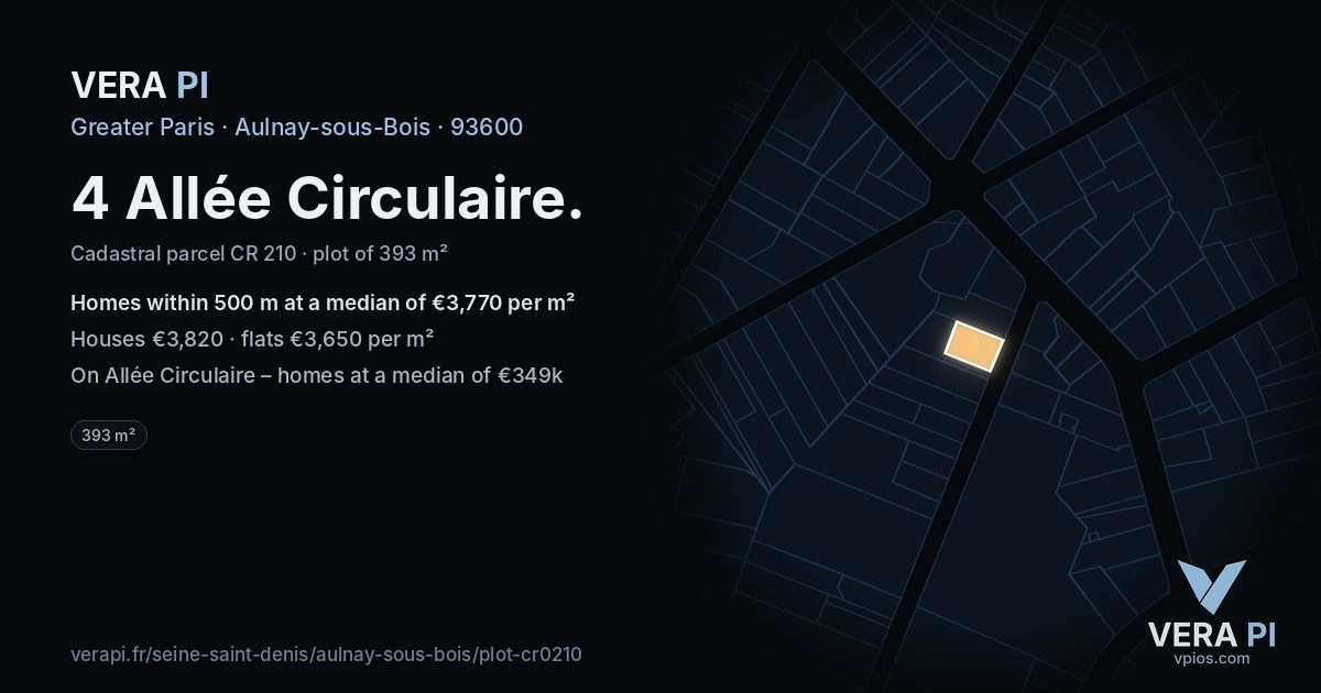 4 Allée Circulaire, Aulnay-sous-Bois at night – the plot lit, the parcels around coloured by the prices near them