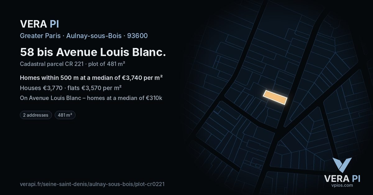 58 bis Avenue Louis Blanc, Aulnay-sous-Bois at night – the plot lit, the parcels around coloured by the prices near them