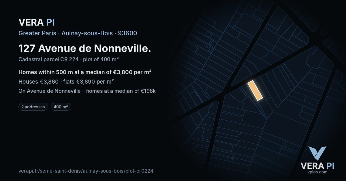 127 Avenue de Nonneville, Aulnay-sous-Bois at night – the plot lit, the parcels around coloured by the prices near them